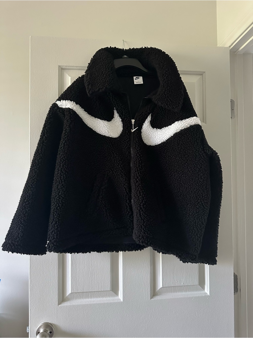 Nike' Black Sherpa Zip-Up Jacket with White Swoosh